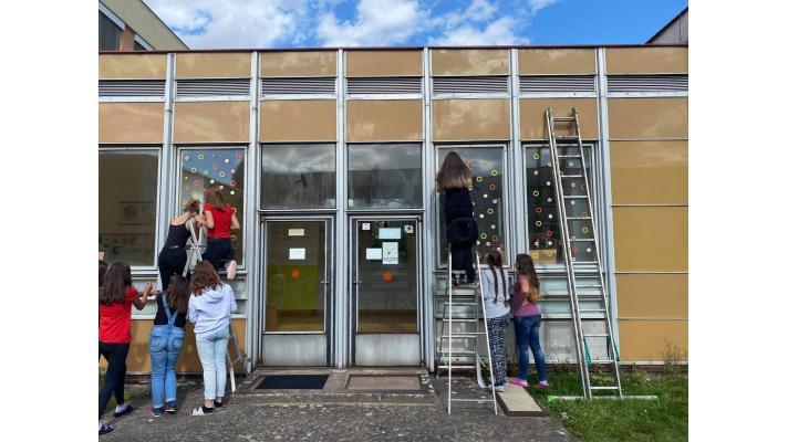 Obrazce atomů a molekul na oknech Základní školy ve Vrchlabí zachraňují ptačí životy