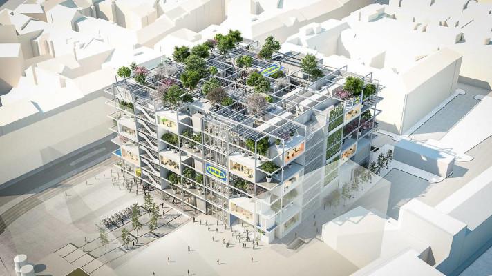IKEA v centru Vídně: nábytek, restaurace, stromy a hotel 