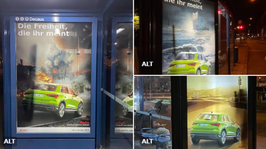 Aktivisté v Mnichově na protest proti autosalonu vyvěsili falešné plakáty